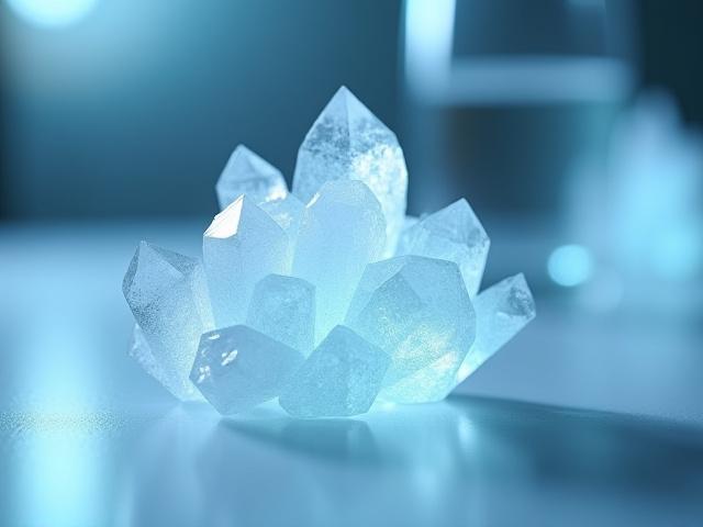 Close-up of a sparkling magnesium crystal with scientific glassware in a soft, diffused light setting, illustrating mineral benefits.