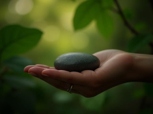 A serene hand holding a smooth, dark polished stone amidst softly blurred greenery, symbolizing stress reduction and connection to nature.