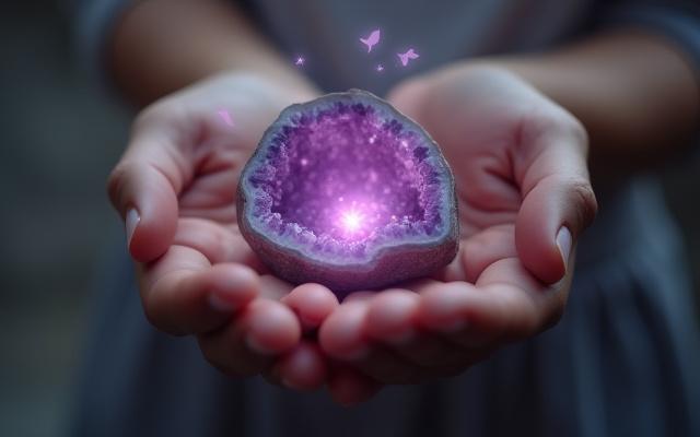A serene hand holding a smooth, polished amethyst stone, with subtle, ethereal glow and health-related icons floating around it.