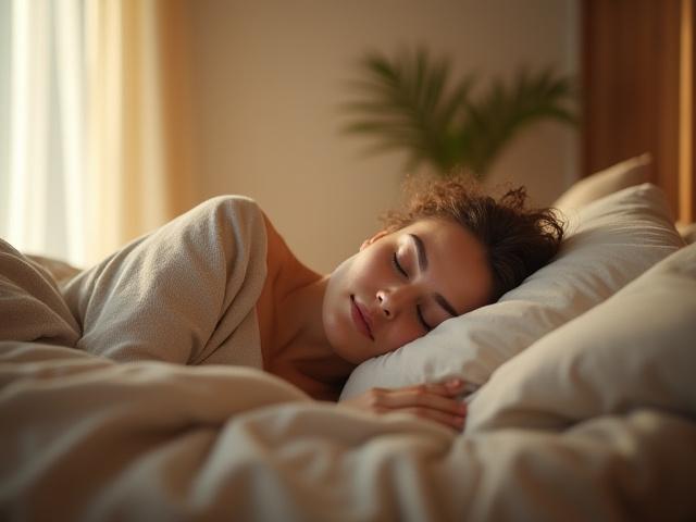 Woman sleeping peacefully in a calm, natural bedroom.