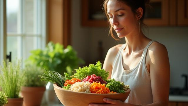 Thumbnail for a video on gut health featuring a woman looking thoughtfully at a bowl of healthy food.
