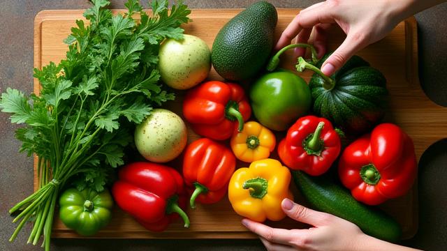 Thumbnail for a video on mindful eating featuring colorful, fresh vegetables on a chopping board.