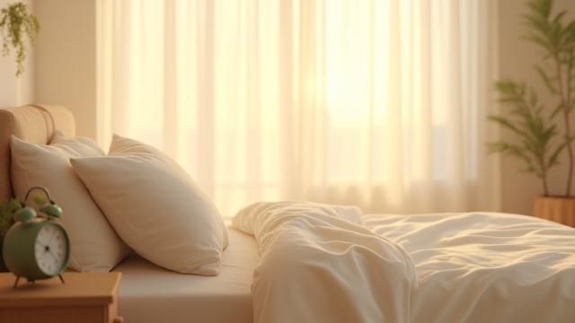 Thumbnail for a video on sleep science featuring a serene bedroom scene at dawn.