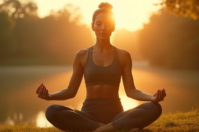 Adult man in yoga pose by a peaceful lake at sunrise