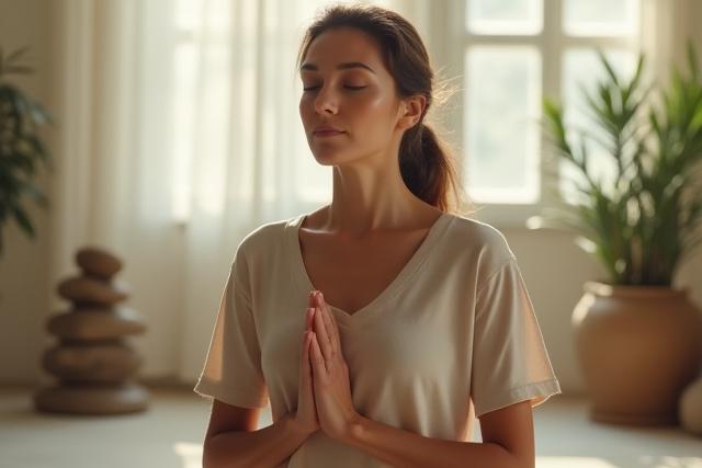 Woman meditating in a serene, sunlit indoor space with plants