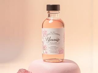 Small bottle of a 'Goddess Elixir' with reishi and pearl powder, accented by a small rose quartz stone.