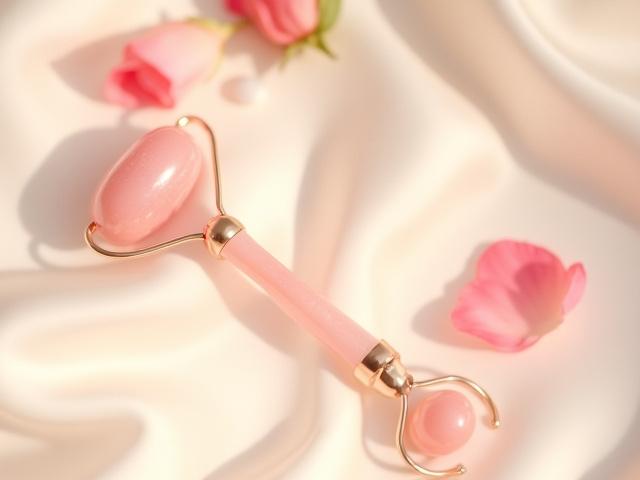 Jade facial roller on a silk cloth surrounded by natural elements.